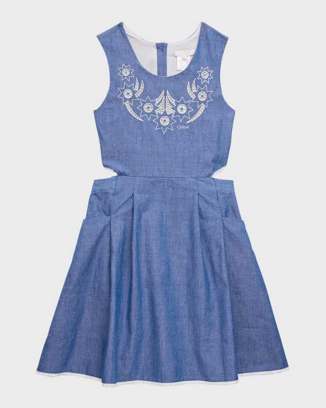 Girl's Embroidered Cutout Chambray Dress, Size 4-1